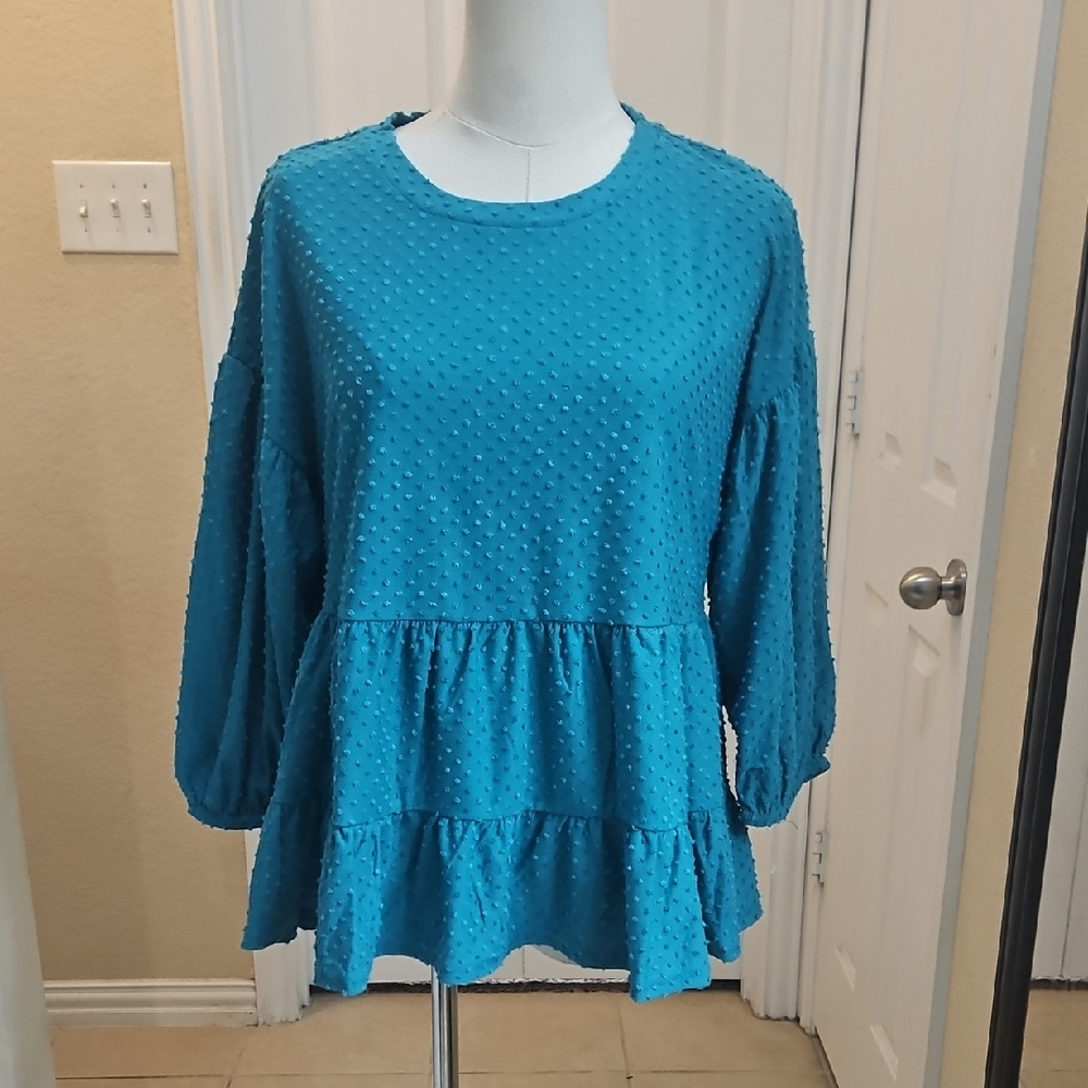 Blu Pepper Textured Swiss Dot Teal Tiered Ruffle Blouse Top Size Small